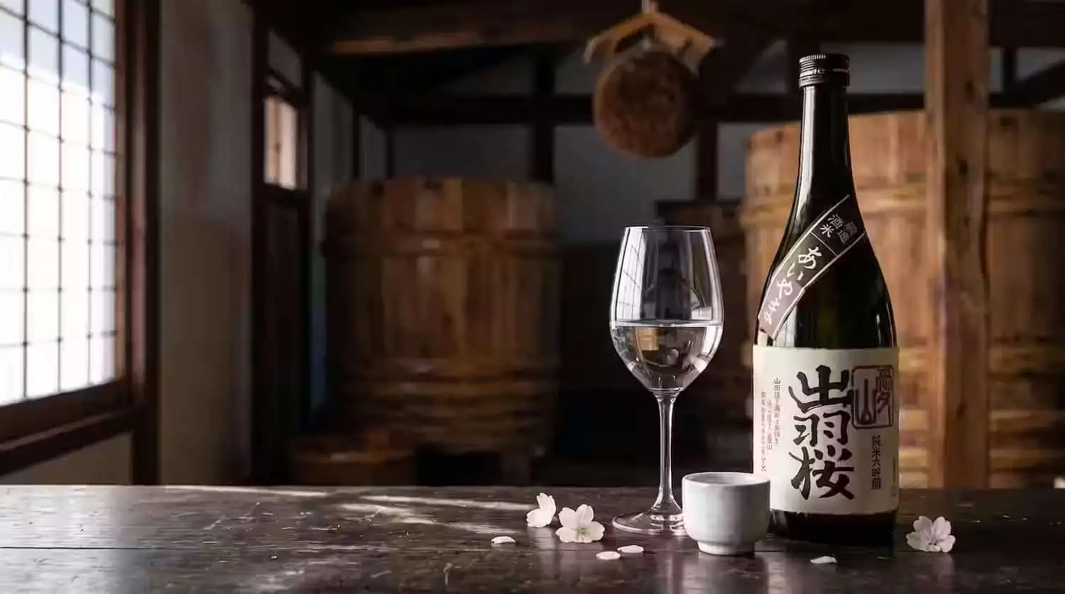 A bottle of Dewazakura junmai daiginjo with a wine glass and a sake cup on a wooden table inside a traditional brewery