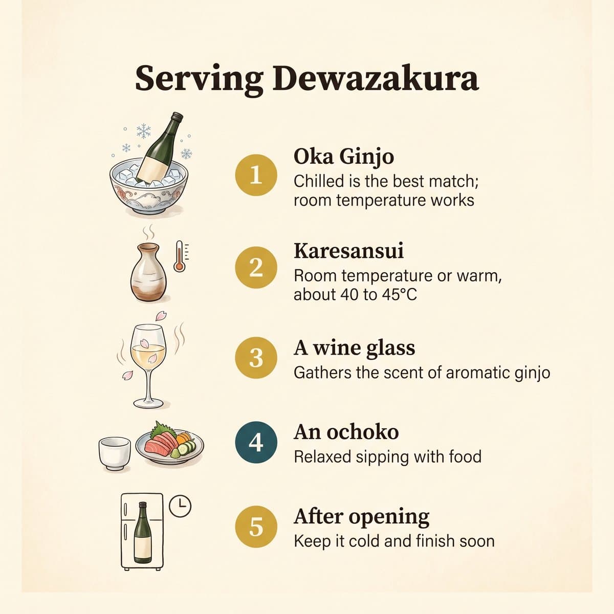 Illustration of how to serve Dewazakura: chilled Oka Ginjo, warm Karesansui, a wine glass, an ochoko and storage after opening