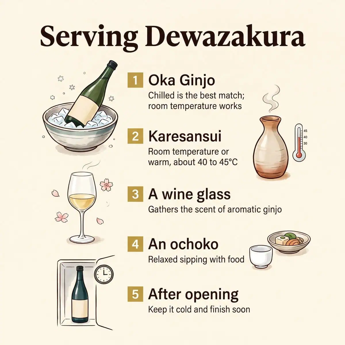 Ilustrasi cara menyajikan Dewazakura: Oka Ginjo dingin, Karesansui hangat, gelas anggur, ochoko, dan penyimpanan setelah dibuka