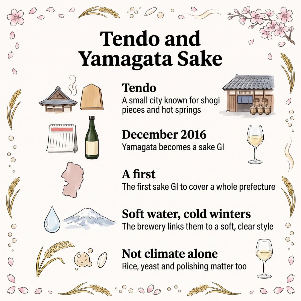 Illustrated five facts about Tendo and Yamagata sake: the city, the 2016 geographical indication, a prefecture-wide first, soft water and cold winters, and why climate alone does not decide flavor