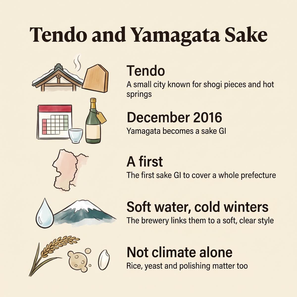 Illustration mit fünf Fakten über Tendo und den Sake aus Yamagata: die Stadt, die geografische Angabe von 2016, eine Premiere für eine ganze Präfektur, weiches Wasser und kalte Winter und warum das Klima allein den Geschmack nicht bestimmt