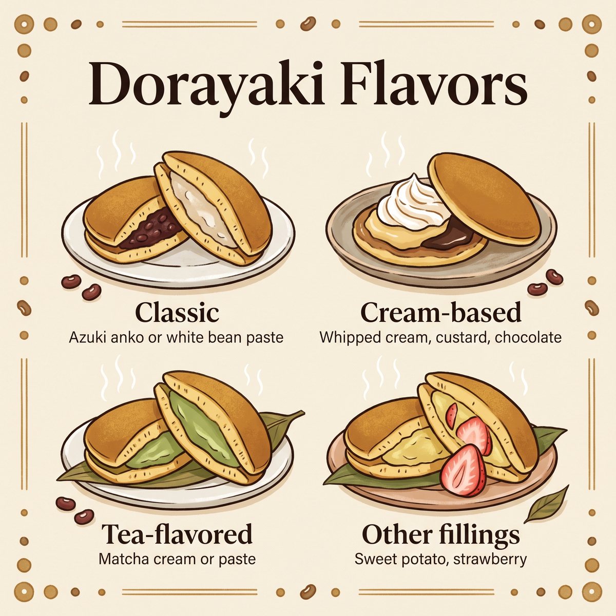 四类dorayaki馅料的插图：经典、奶油类、茶味和其他馅料