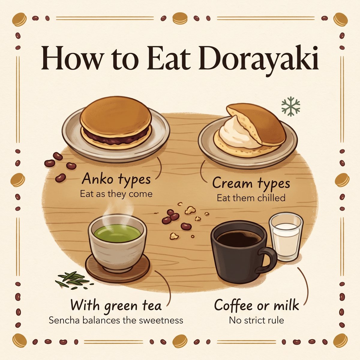 dorayaki搭配绿茶、咖啡或牛奶吃法的插图