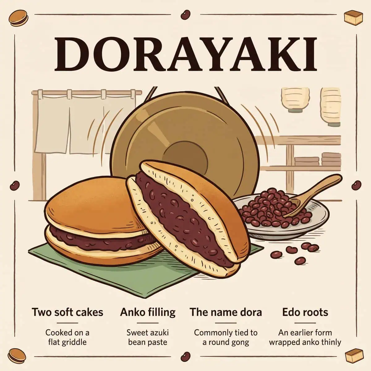 铜锣前摆放着dorayaki蛋糕的插图，剖面显示出卡斯提拉式的蛋糕和红豆沙
