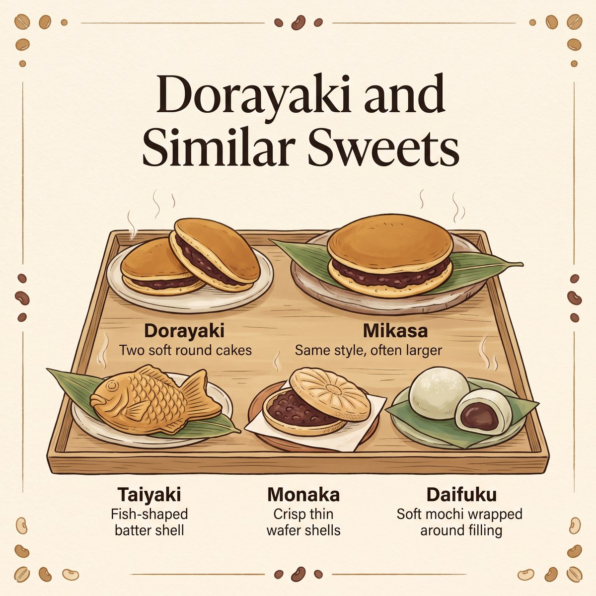 比较dorayaki、mikasa、taiyaki、monaka和daifuku的插图