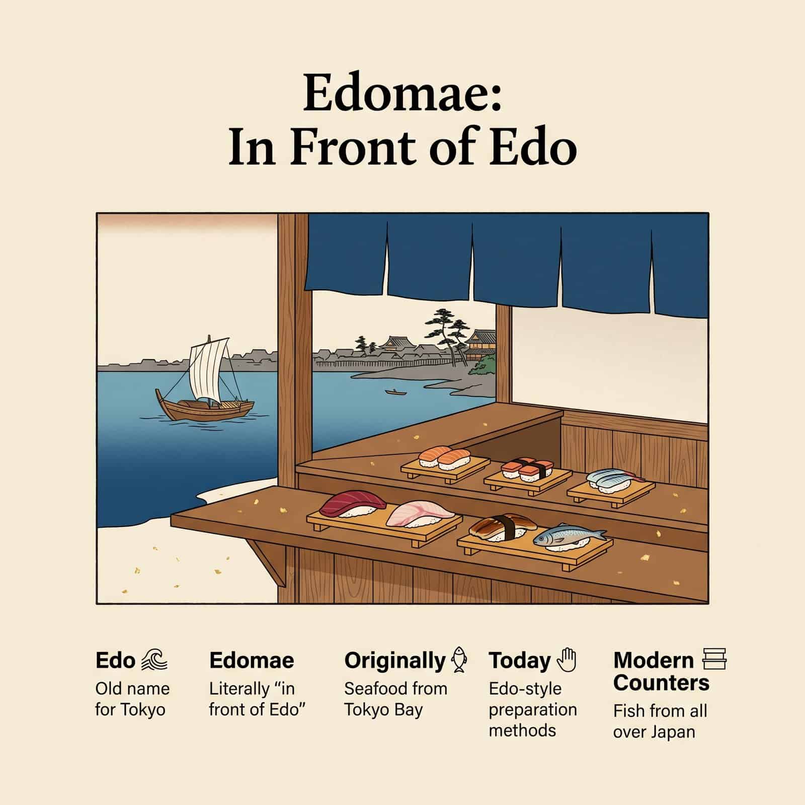Holzschnittartige Illustration im Edo-Stil: ein Boot auf der Bucht von Tokio vor einem Sushi-Tresen aus Edo, die zeigt, was Edomae bedeutet