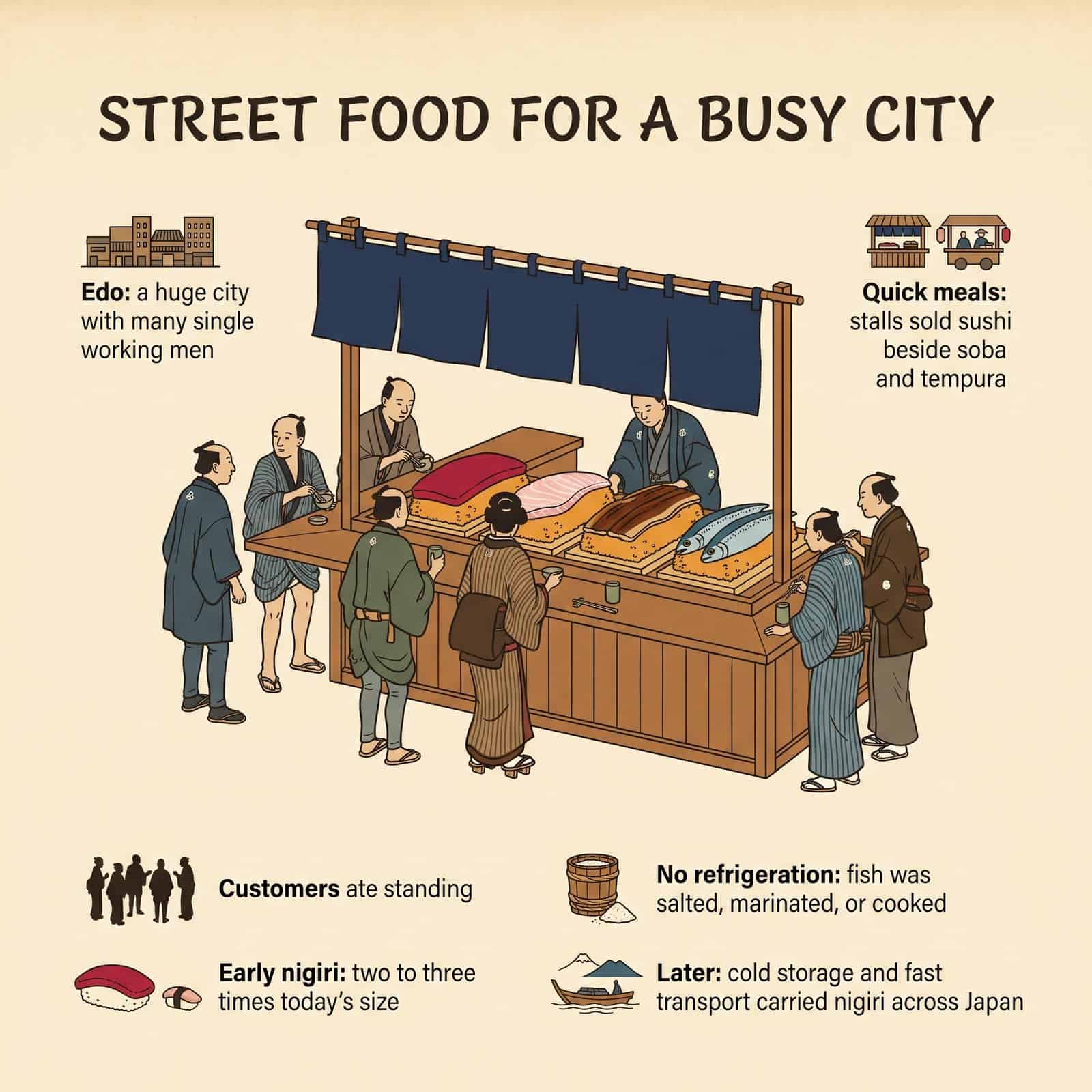 Illustration im Edo-Holzschnittstil: ein Sushi-Stand in Edo mit stehenden Gästen und Hinweise, warum Nigiri als Streetfood begann