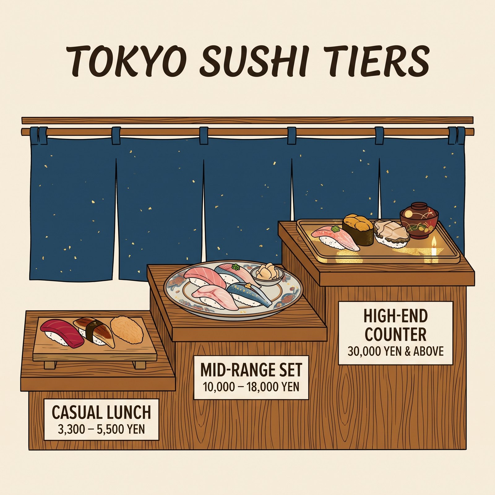 Illustration von drei Preisstufen für Edomae-Sushi in Tokio: zwangloses Mittagessen, Set der mittleren Preisklasse und hochwertiger Tresen