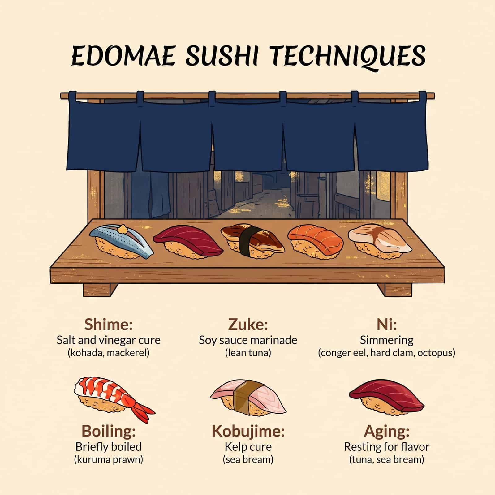 Illustrierte Übersicht über sechs Edomae-Sushi-Techniken: shime, zuke, ni, Kochen, kobujime und Reifen