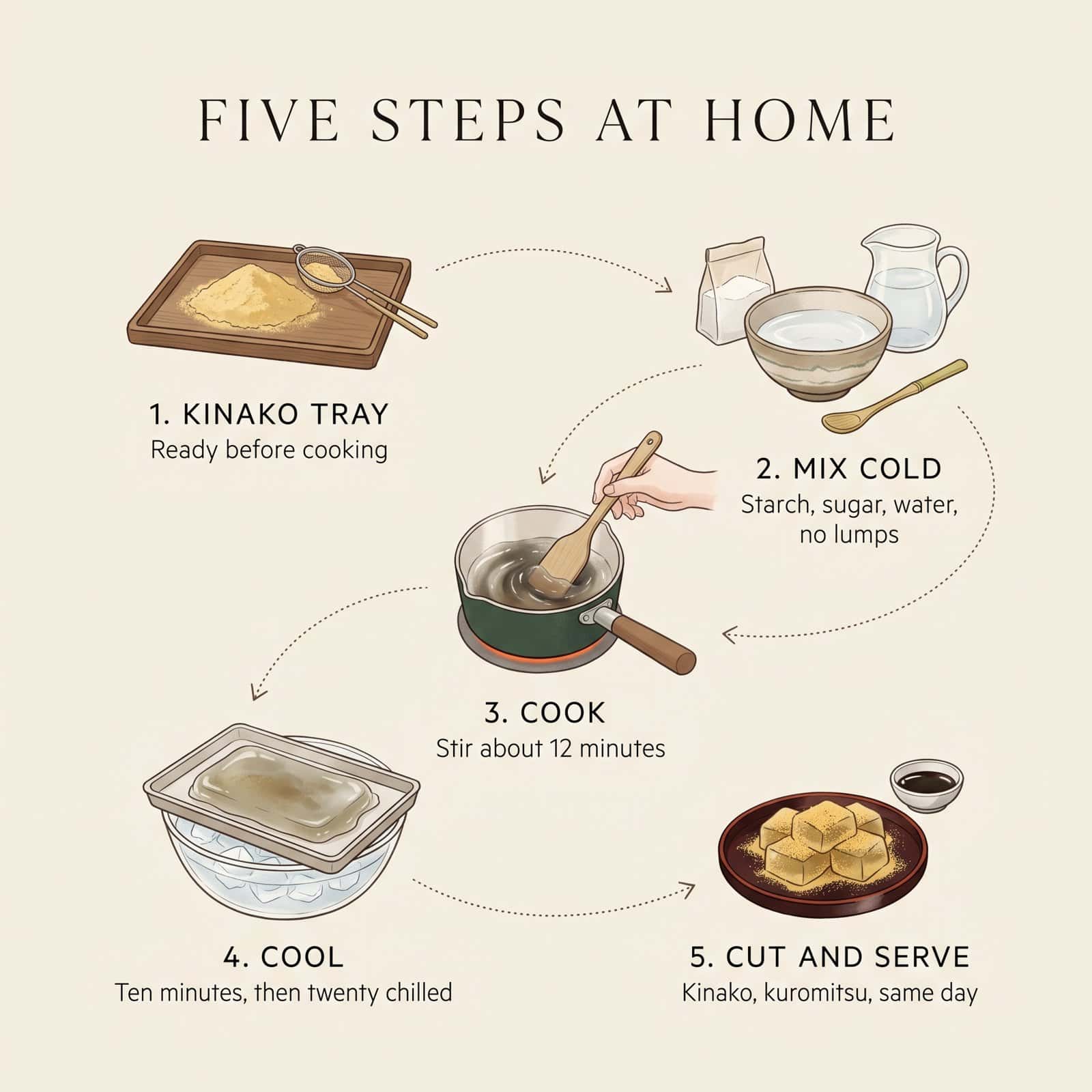 Illustration der fünf Schritte zur Zubereitung von Warabi Mochi zu Hause, vom Kinako-Blech bis zum Schneiden und Servieren