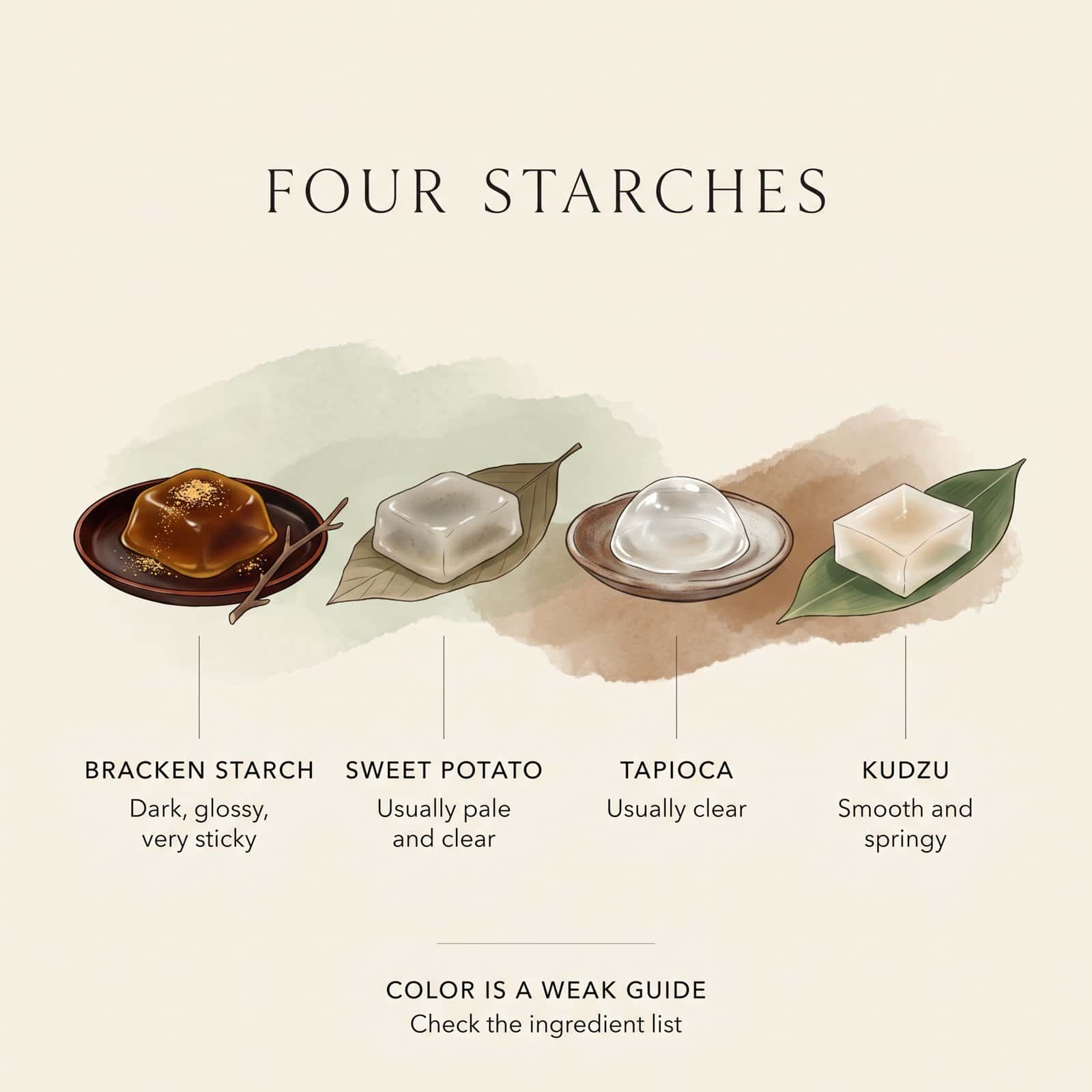 Illustration der vier Stärken, die für Warabi Mochi verwendet werden: Adlerfarn, Süßkartoffel, Tapioka und Kudzu
