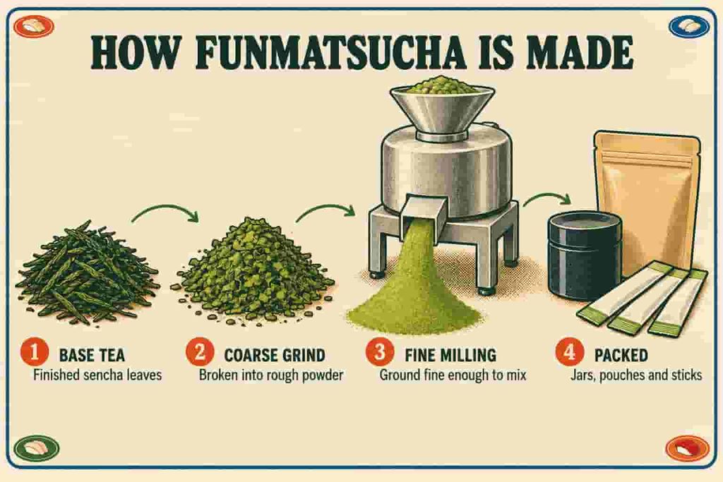 Illustrated guide to how funmatsucha is made, from finished green tea leaves through milling into a fine powder