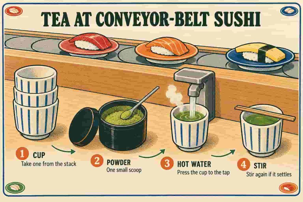 Making funmatsucha at a conveyor-belt sushi counter with a scoop of green powder and a hot-water tap