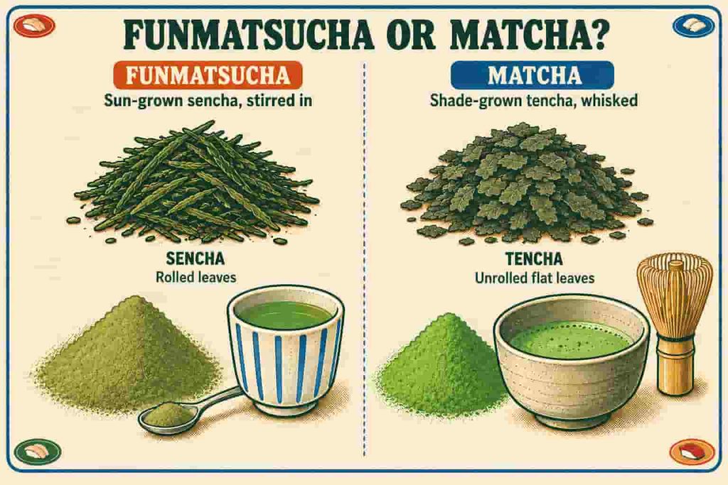 Funmatsucha compared with matcha: everyday sencha leaves and shade-grown tencha, each ground into green powder