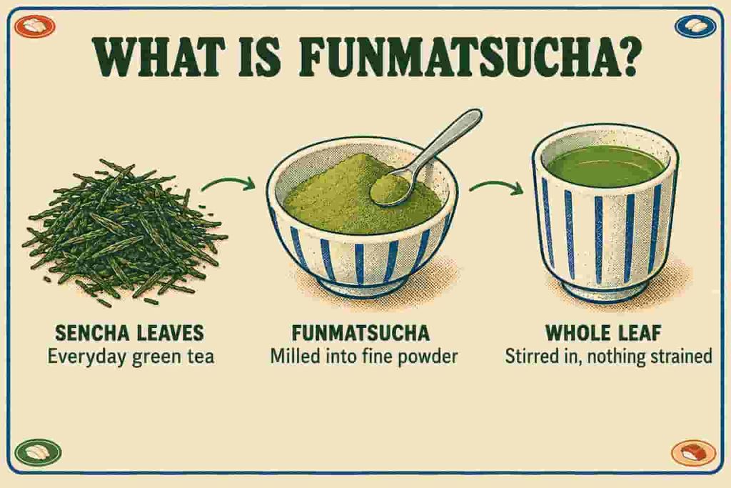 Illustrated guide to funmatsucha, Japanese green tea leaves milled into a fine powder and stirred into a cup