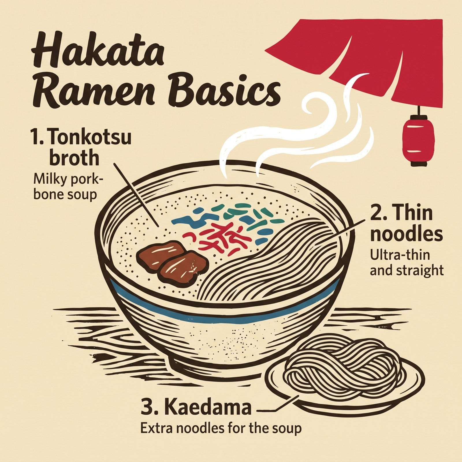 พื้นฐานของ Hakata ramen: น้ำซุป tonkotsu เส้นเล็กบาง และ kaedama ในชามราเมนสไตล์ภาพพิมพ์ลิโนคัต