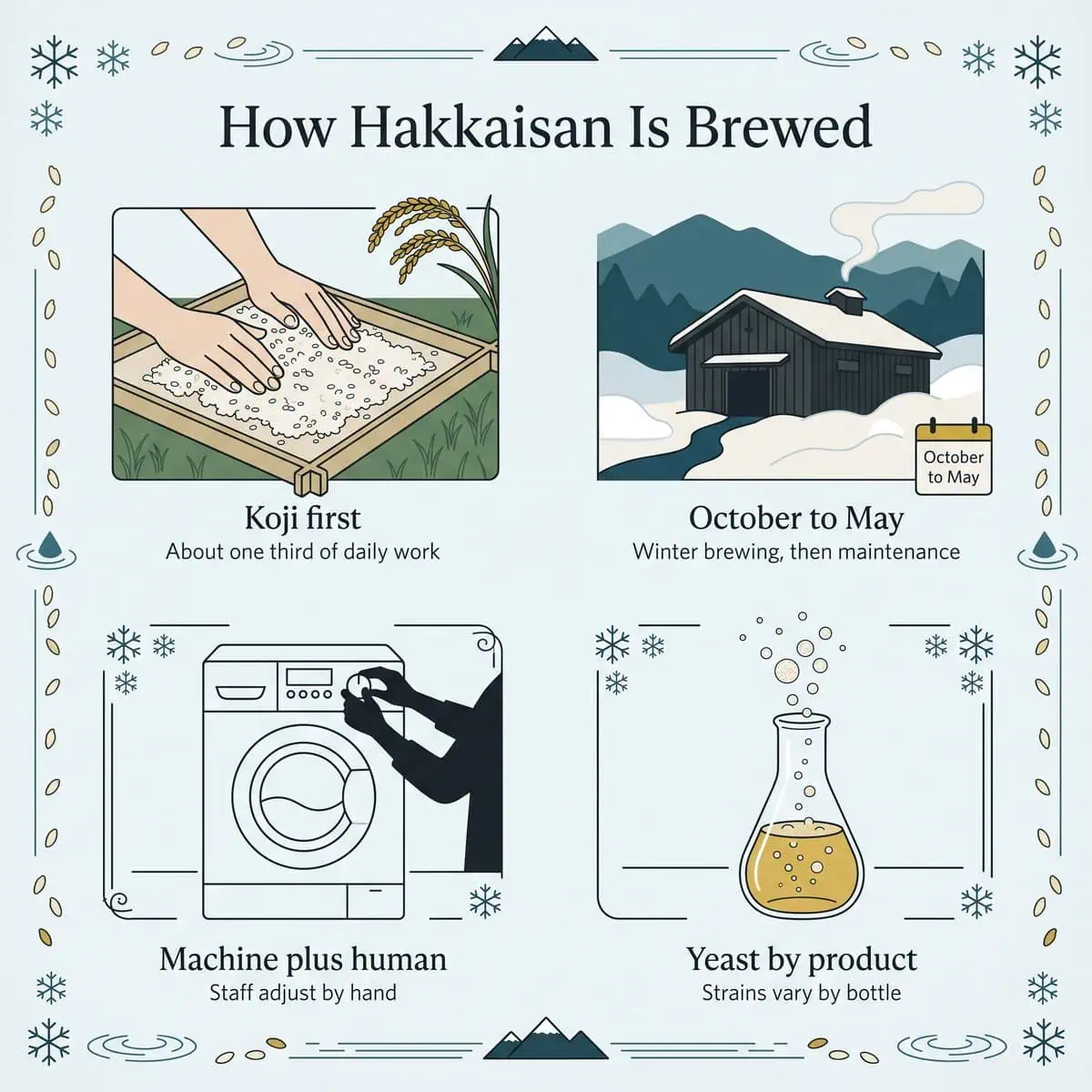 Four-panel illustration of Hakkaisan brewing: koji making, winter brewing, machine plus human judgment and yeast