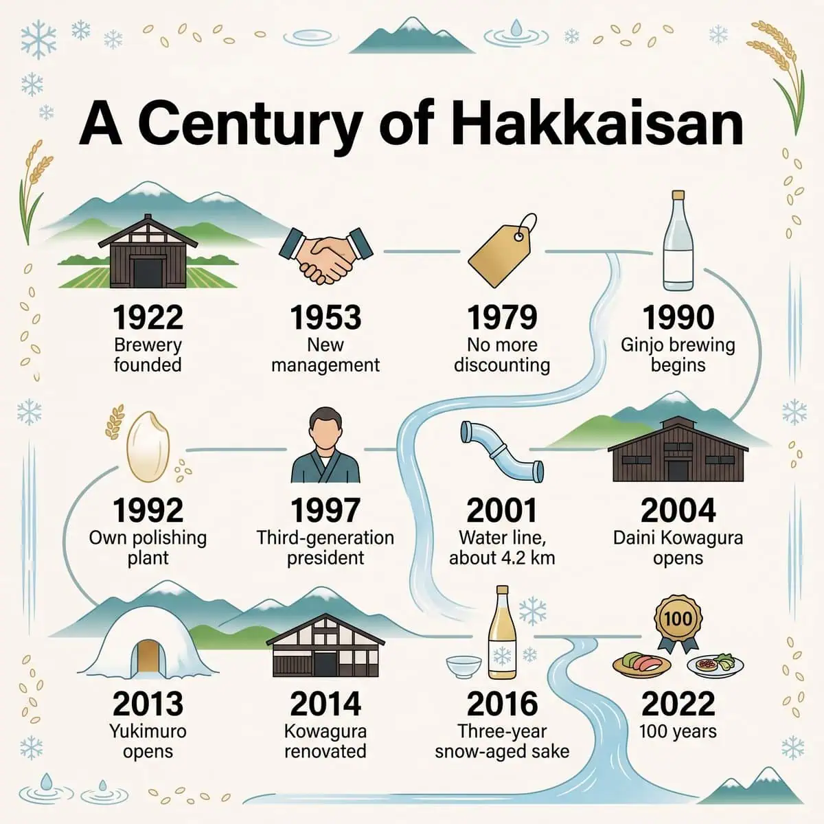 Timeline illustration of Hakkaisan Brewery from 1922 to 2022
