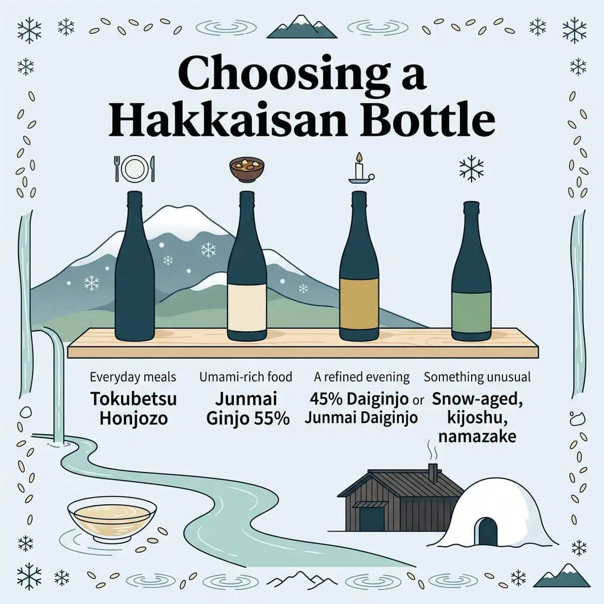 Illustration of four Hakkaisan bottles matched to occasions