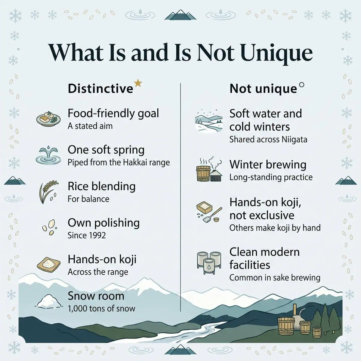 Two-column illustration of what is distinctive about Hakkaisan and what is not unique to it