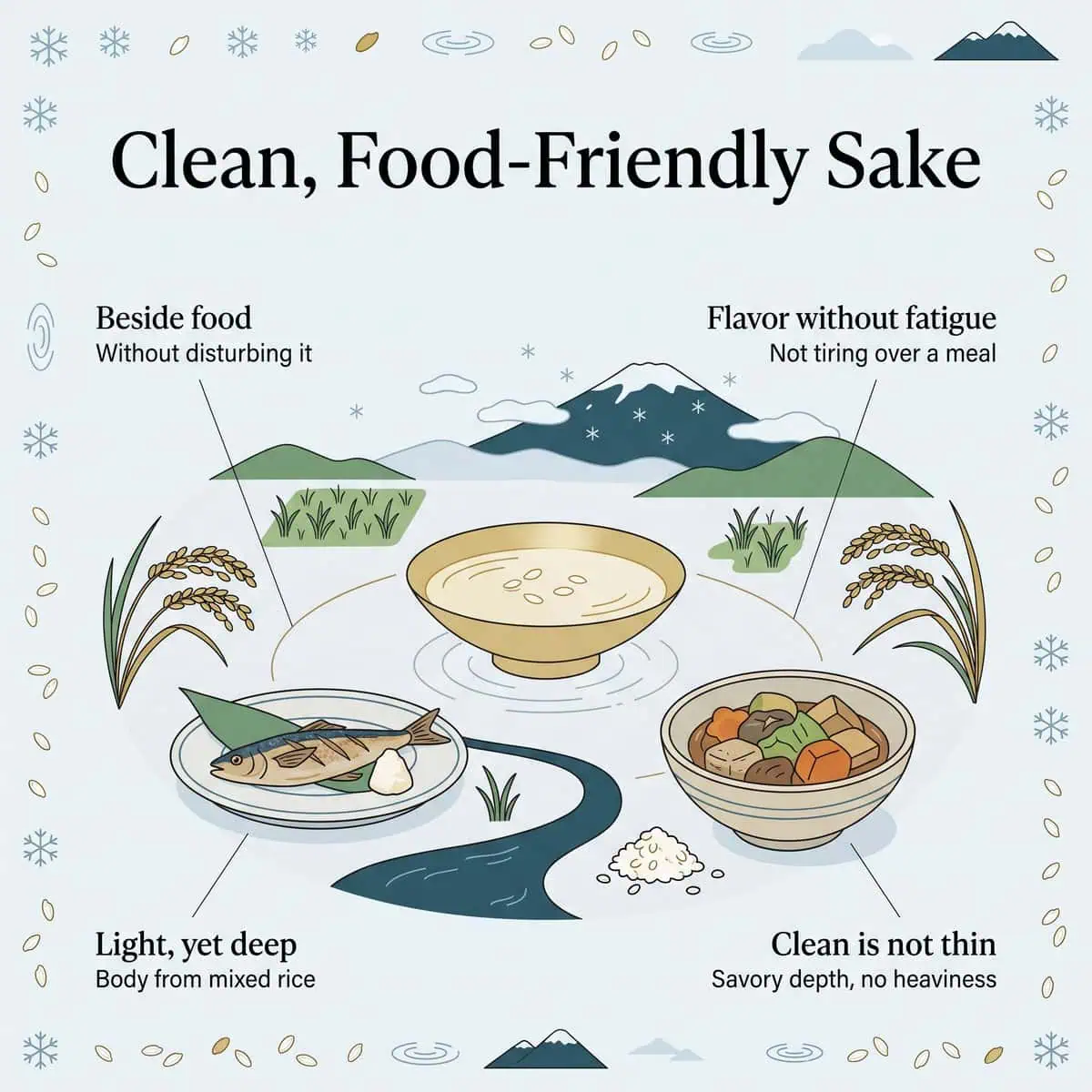Illustration of clean, food-friendly sake beside grilled fish and simmered vegetables