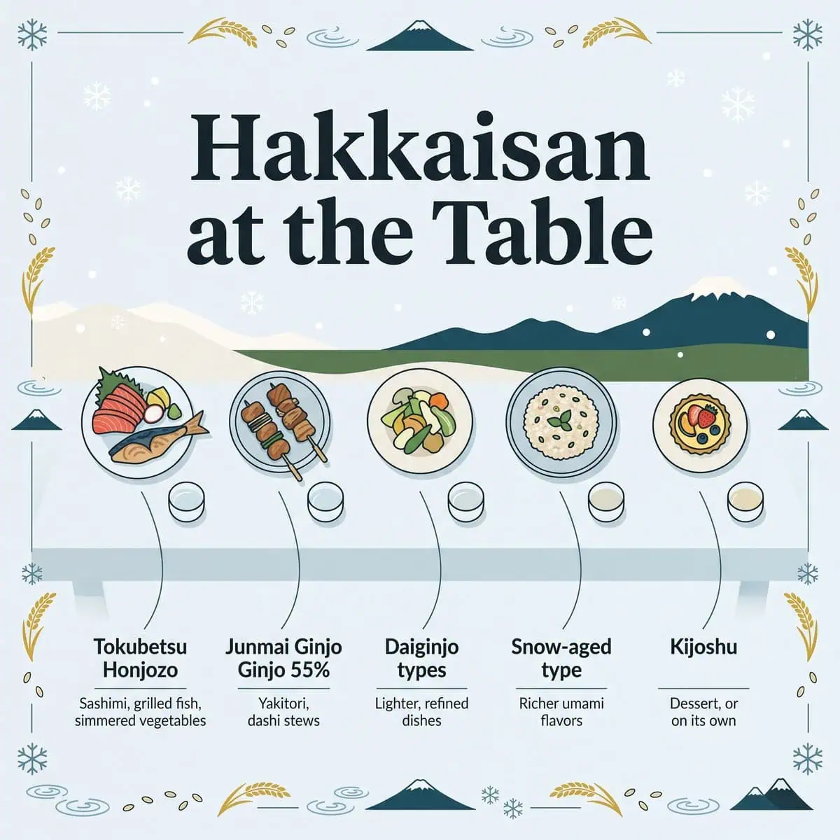 Illustration of five Hakkaisan sake types paired with sashimi, yakitori, light dishes, risotto and dessert