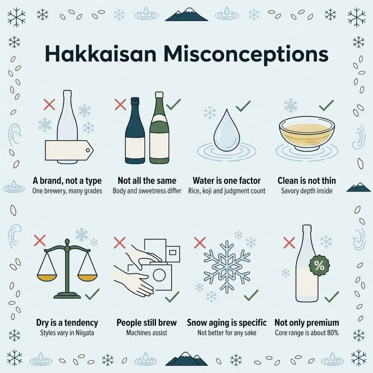 Illustration of eight common misconceptions about Hakkaisan sake, each corrected