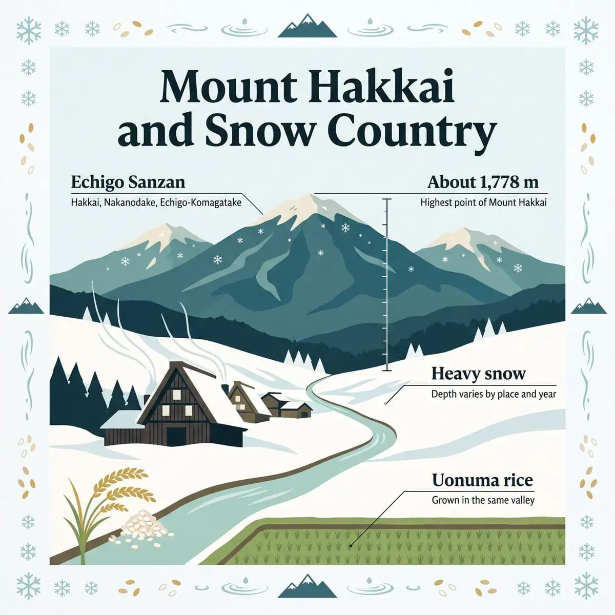 Illustration of Mount Hakkai, the Echigo Sanzan peaks, a snowy valley and Uonuma rice fields