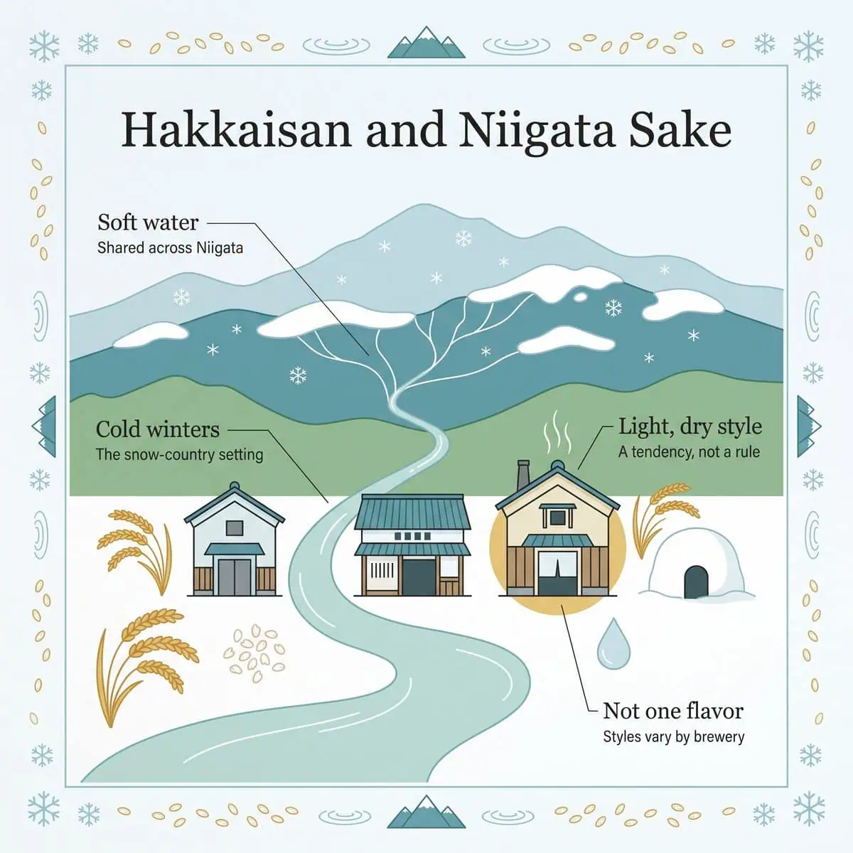 Illustration of Niigata snow-country sake identity with soft water, cold winters and a light, dry style