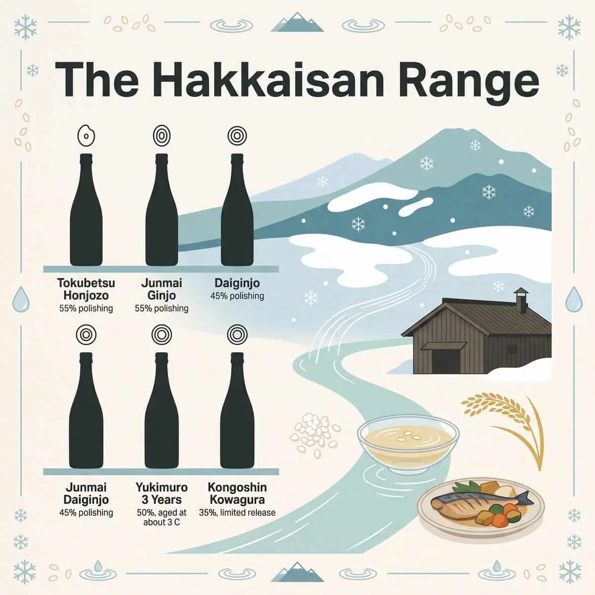 Illustration of six Hakkaisan bottles from Tokubetsu Honjozo to Kongoshin Kowagura