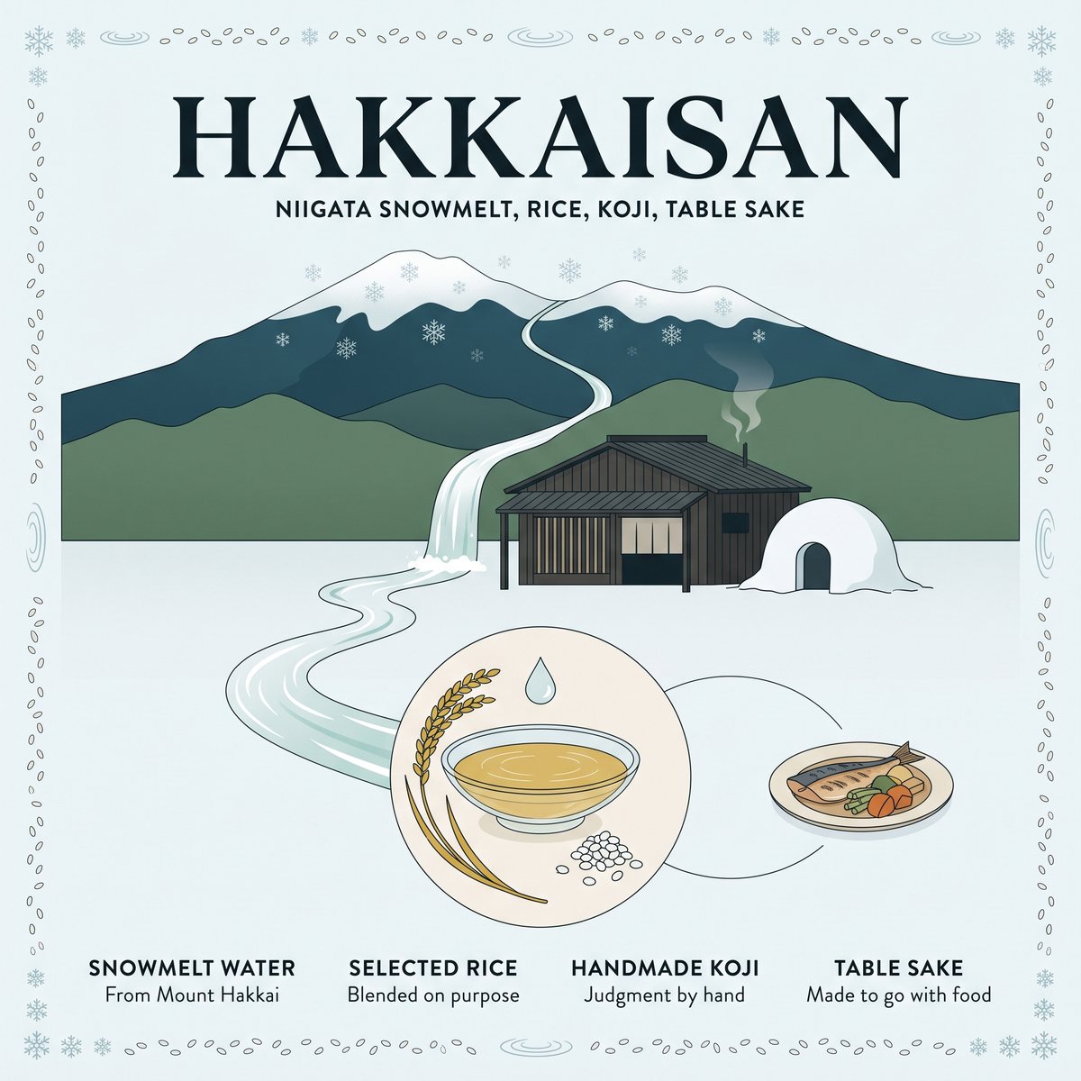Illustration of Mount Hakkai snowmelt flowing past a snow-country brewery into a dish of sake beside a plate of grilled fish