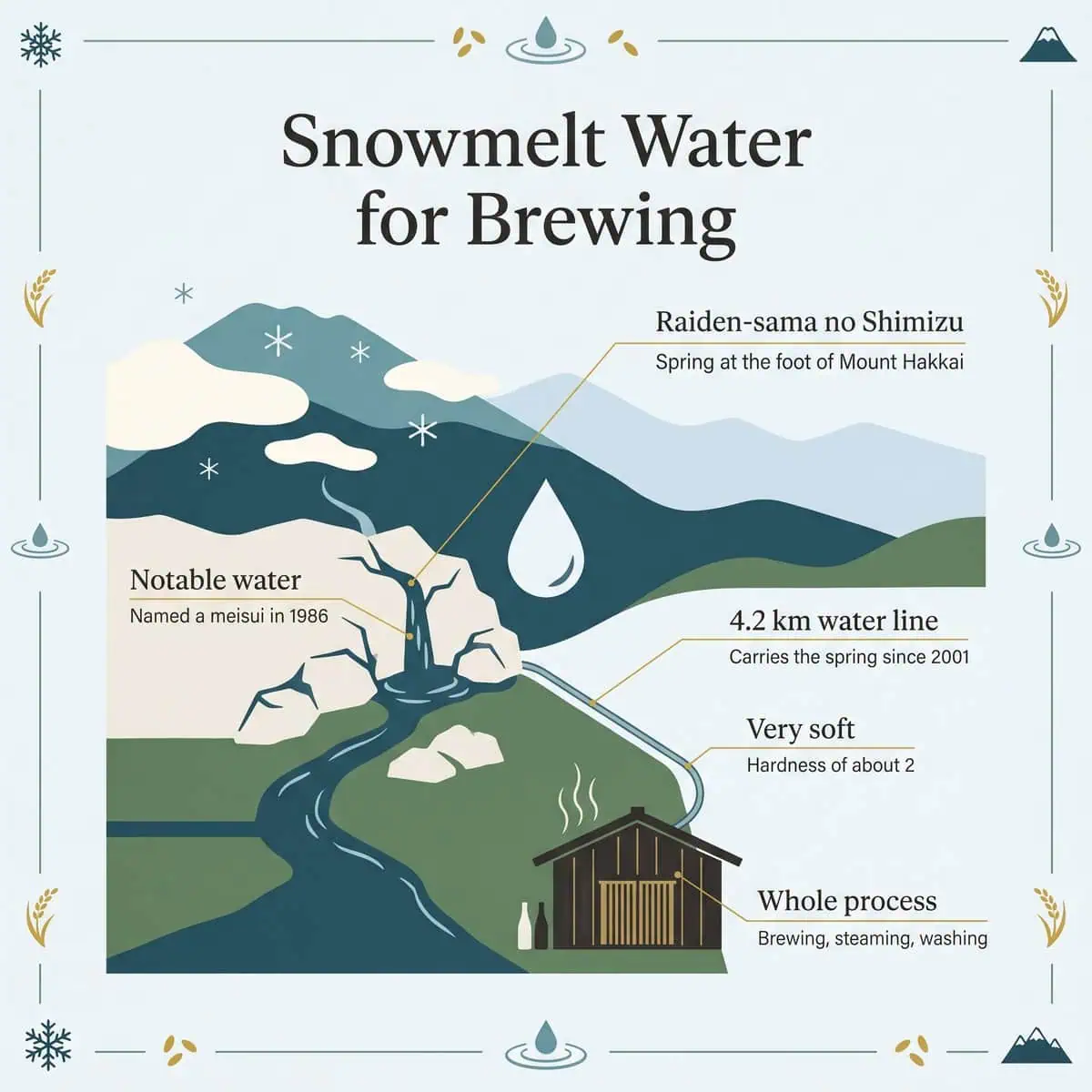 Illustration of snowmelt from Mount Hakkai reaching the brewery through a water line