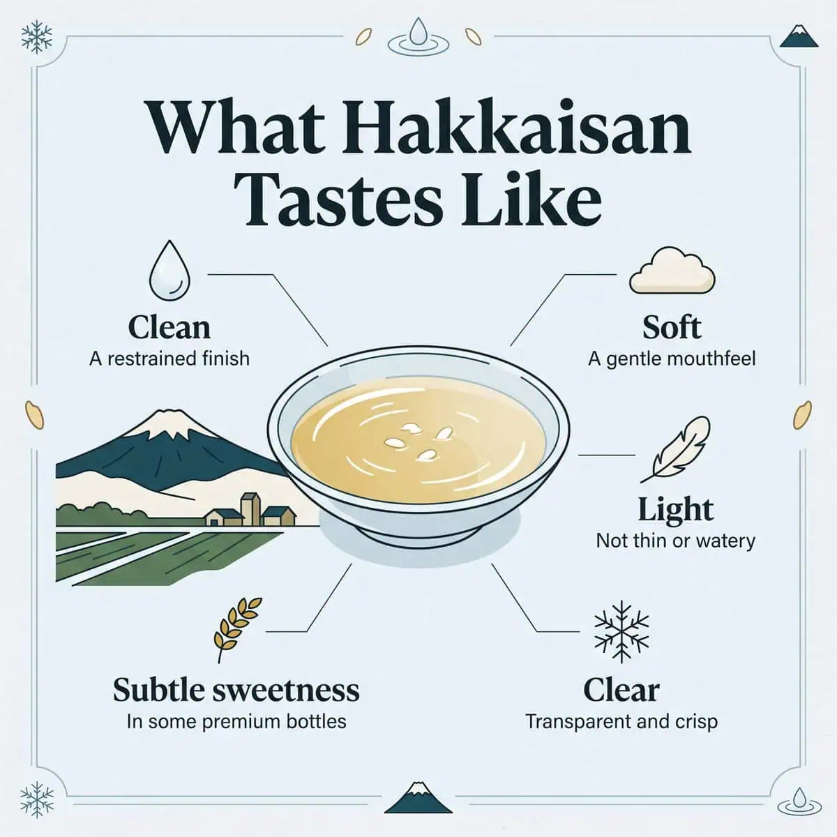 Illustration of the Hakkaisan taste profile: clean, soft, light, clear and subtly sweet