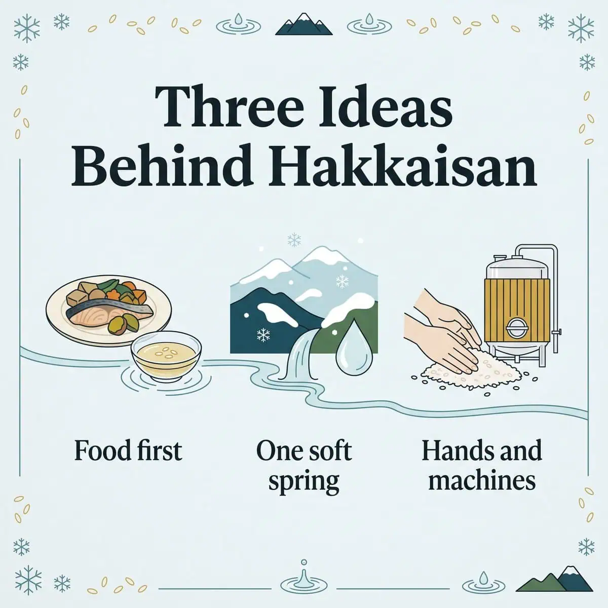 Illustration of three ideas behind Hakkaisan: food first, one soft spring, hands and machines