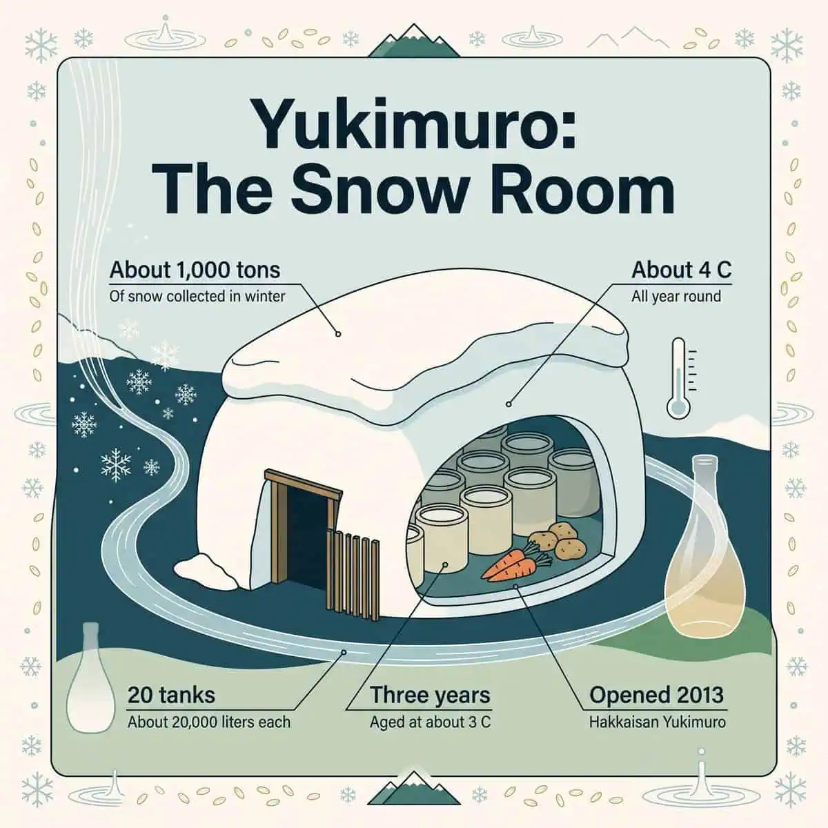 Cutaway illustration of the Hakkaisan Yukimuro snow room with 1,000 tons of snow and storage tanks
