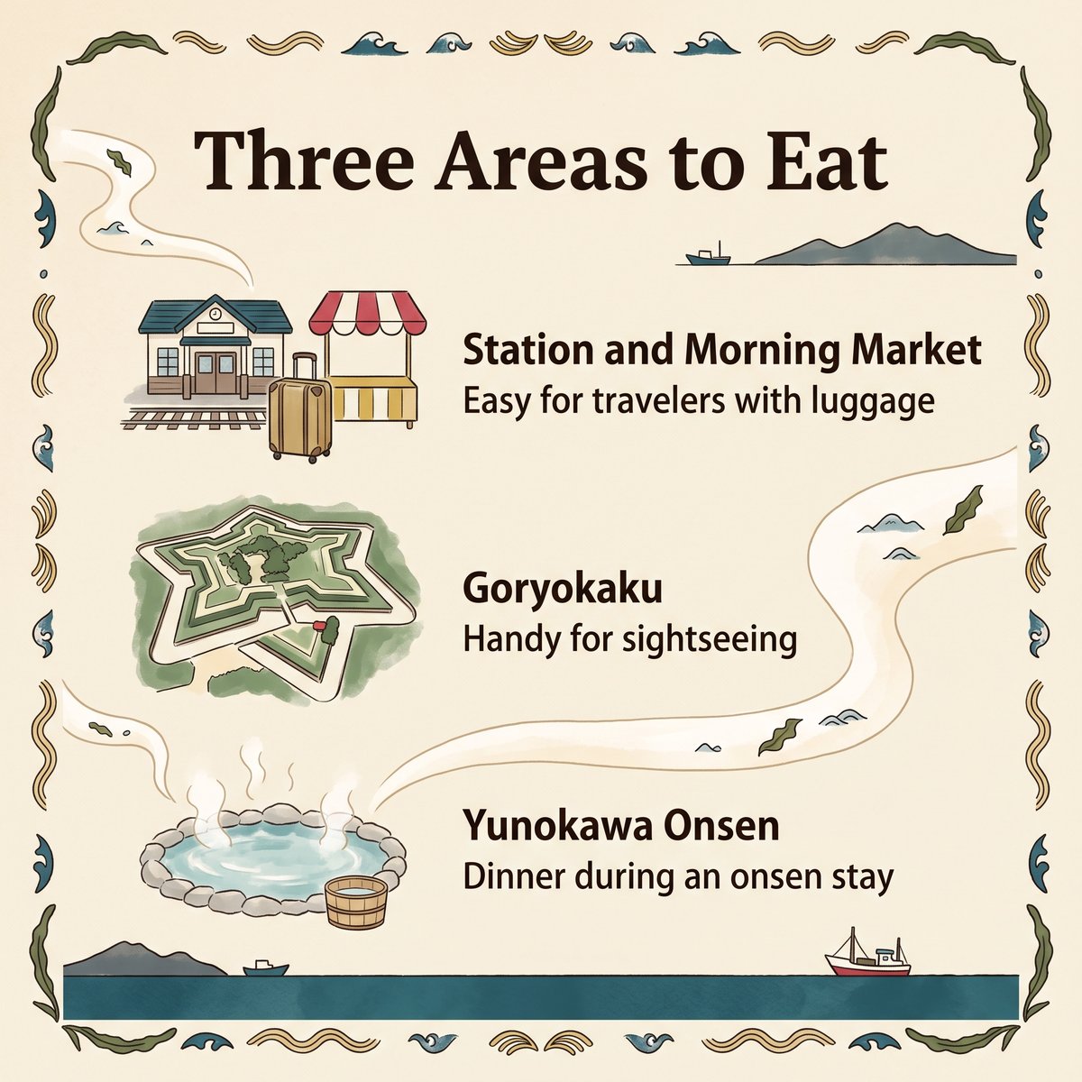 Illustration von drei Gegenden, in denen man Hakodate-Ramen essen kann: Bahnhof und Morgenmarkt, Goryokaku und Yunokawa Onsen