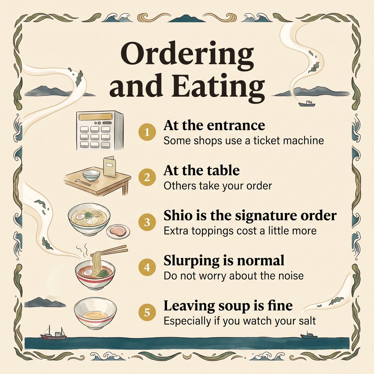 Illustration von fünf Tipps zum Bestellen und Essen von Hakodate-Ramen, vom Bestellautomaten bis zum Stehenlassen der Suppe