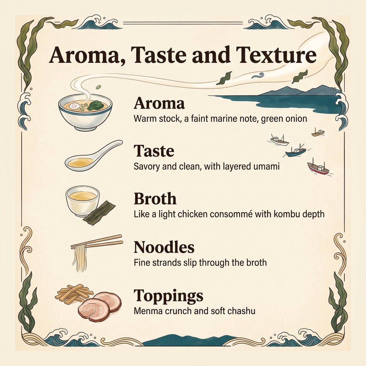 Illustration zu Aroma, Geschmack, Brühe, Nudeln und Toppings von Hakodate-Ramen