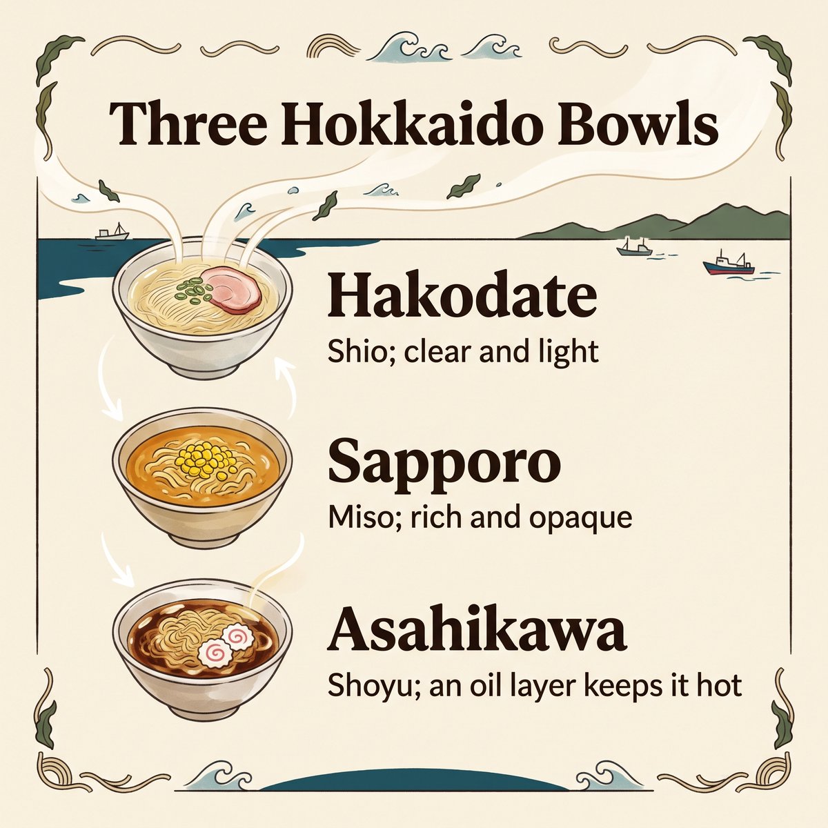 Illustrierter Vergleich der Ramen-Schüsseln aus Hakodate, Sapporo und Asahikawa