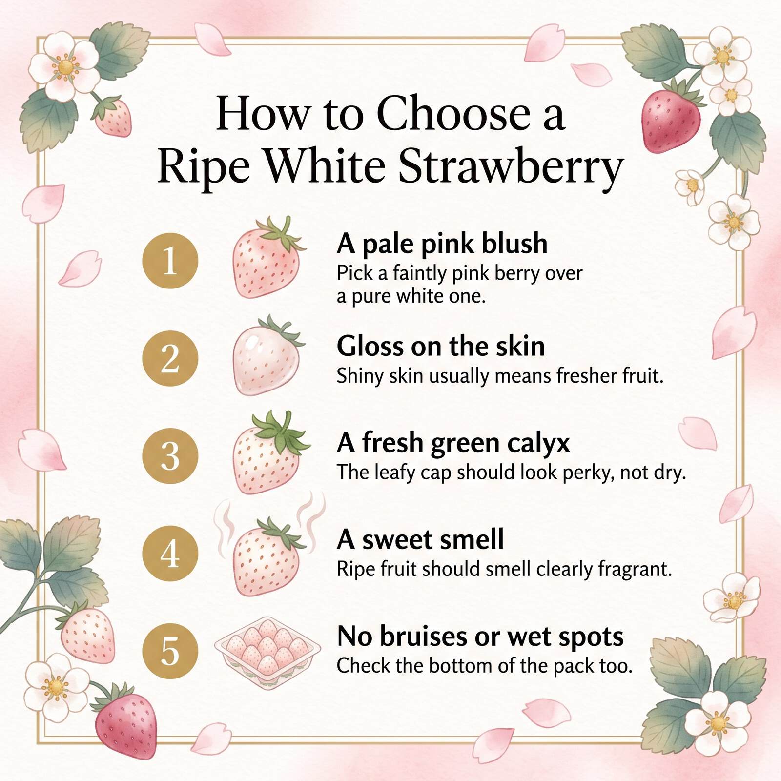 Illustration de cinq signes d'une fraise blanche mûre : rougeur rose, brillance, calice vert frais, odeur sucrée et absence de meurtrissures