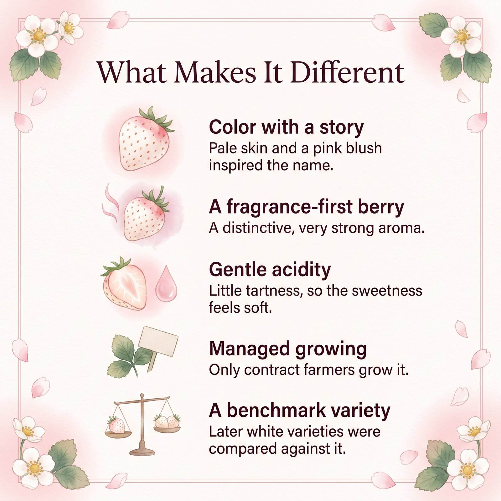 Illustration de ce qui distingue Hatsukoi no Kaori : une couleur chargée d'histoire, le parfum, une acidité douce, une culture encadrée et une variété de référence