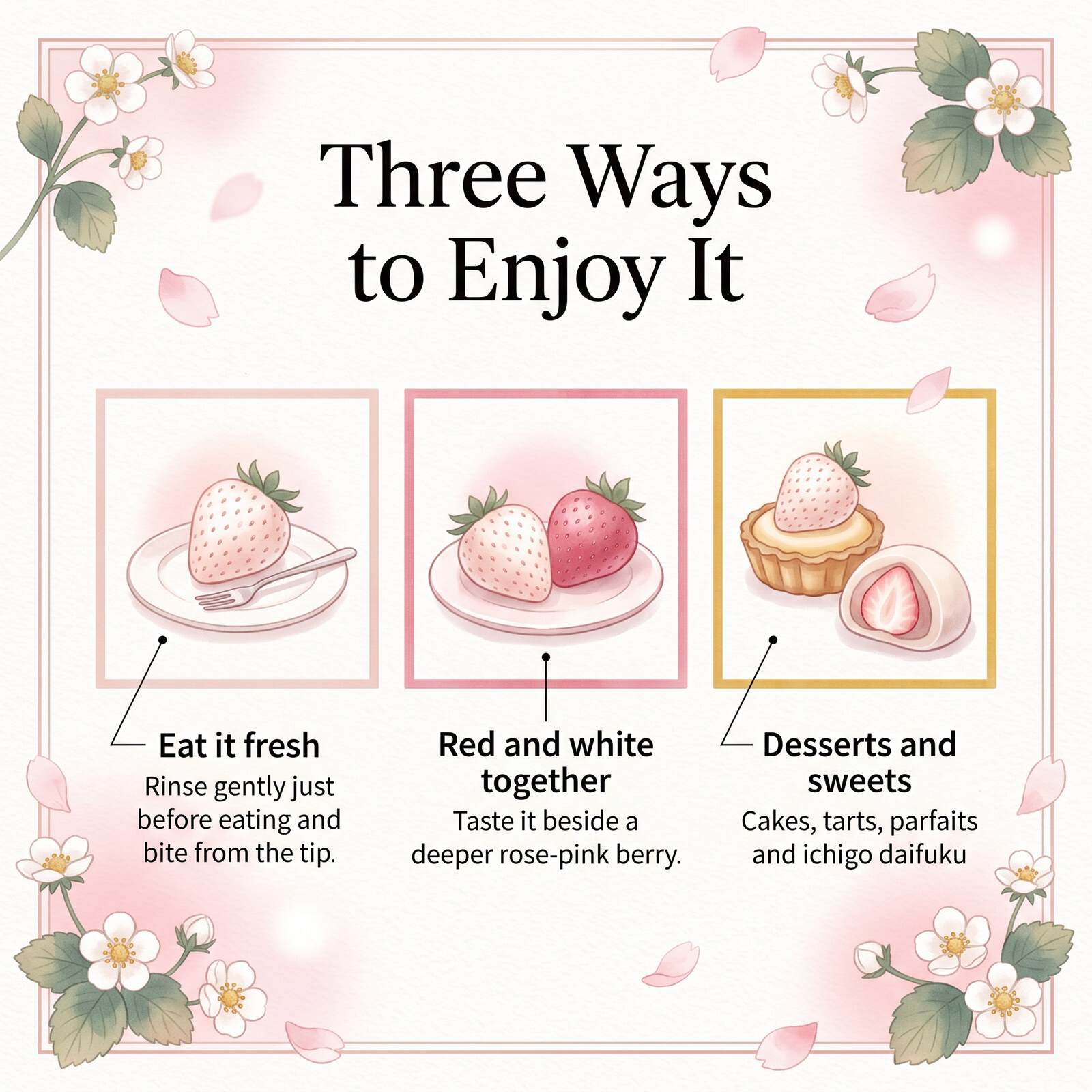 Illustration de trois façons d'apprécier Hatsukoi no Kaori : nature, à côté d'une fraise rouge et en dessert