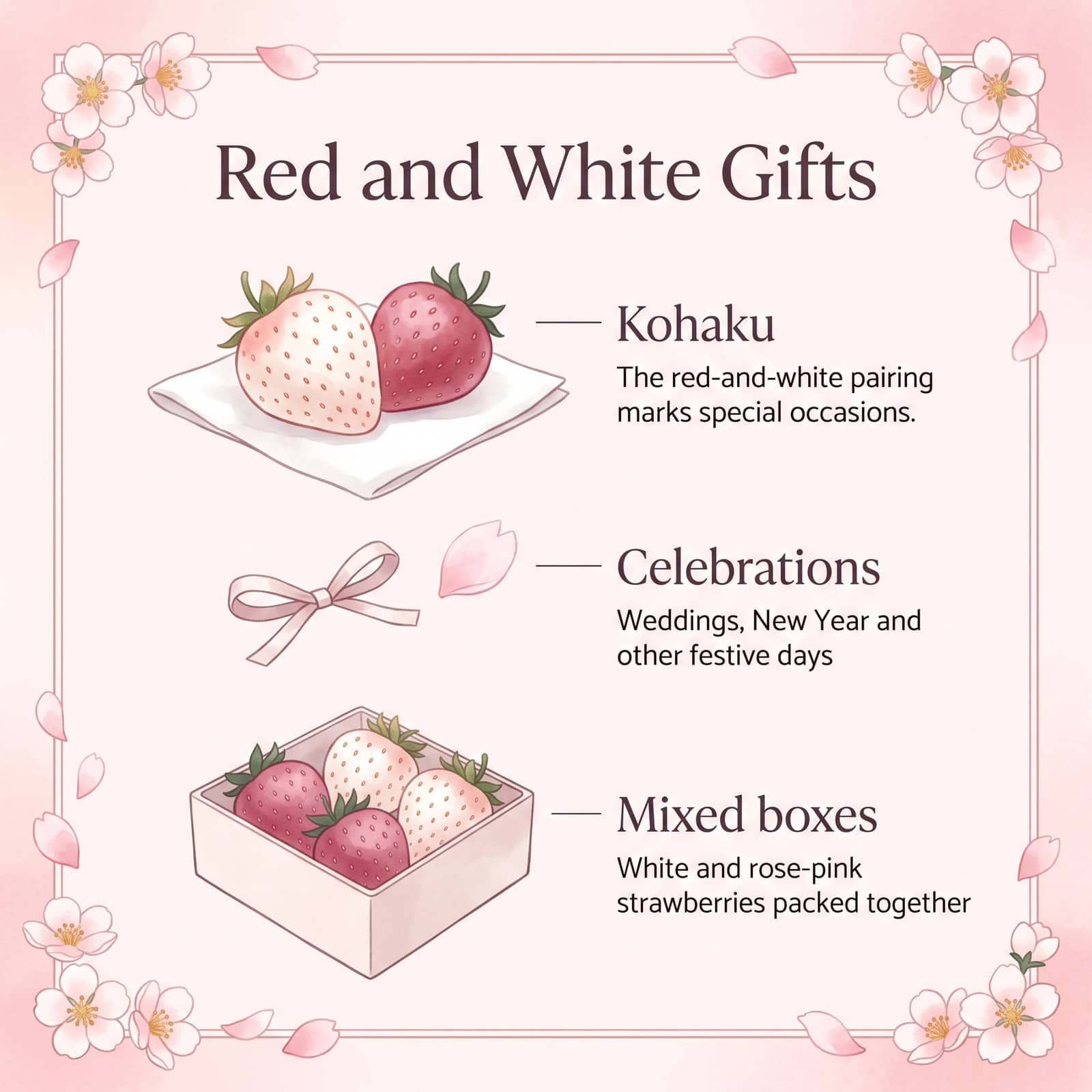 Illustration de cadeaux de fraises rouges et blanches : kohaku, célébrations et coffrets mixtes