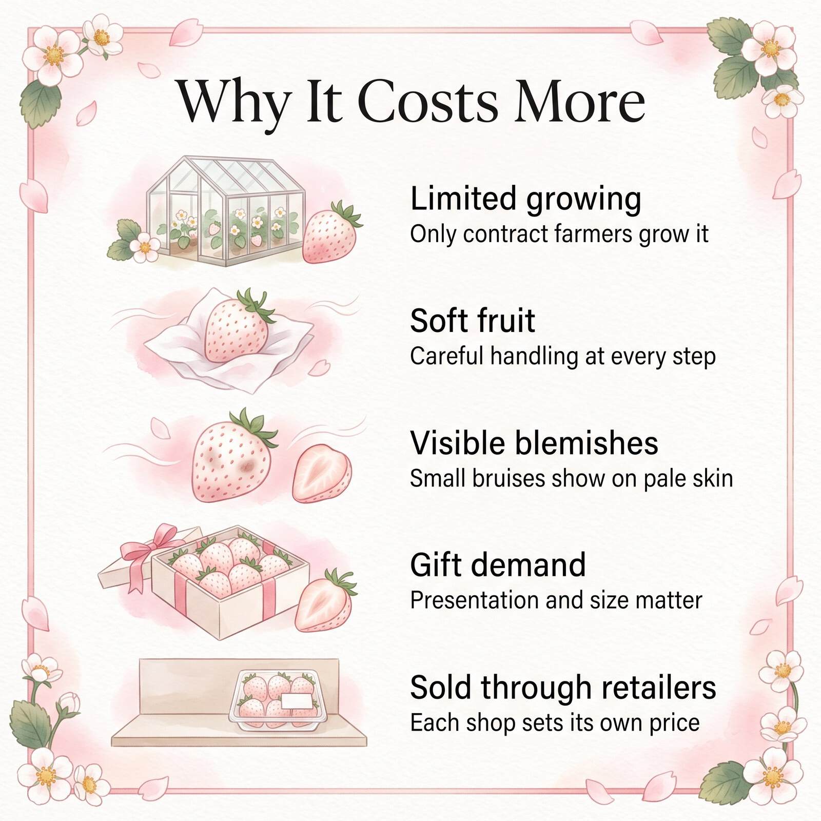 Illustration expliquant pourquoi Hatsukoi no Kaori coûte plus cher : culture limitée, fruit tendre, défauts visibles, demande de cadeaux et détaillants