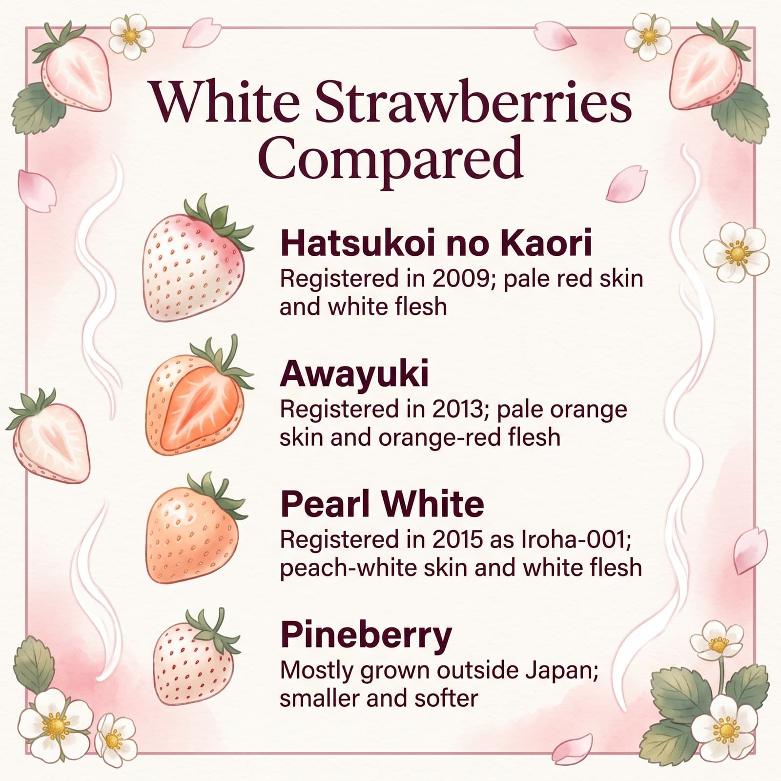 Illustration comparant les fraises blanches Hatsukoi no Kaori, Awayuki, Pearl White et pineberry