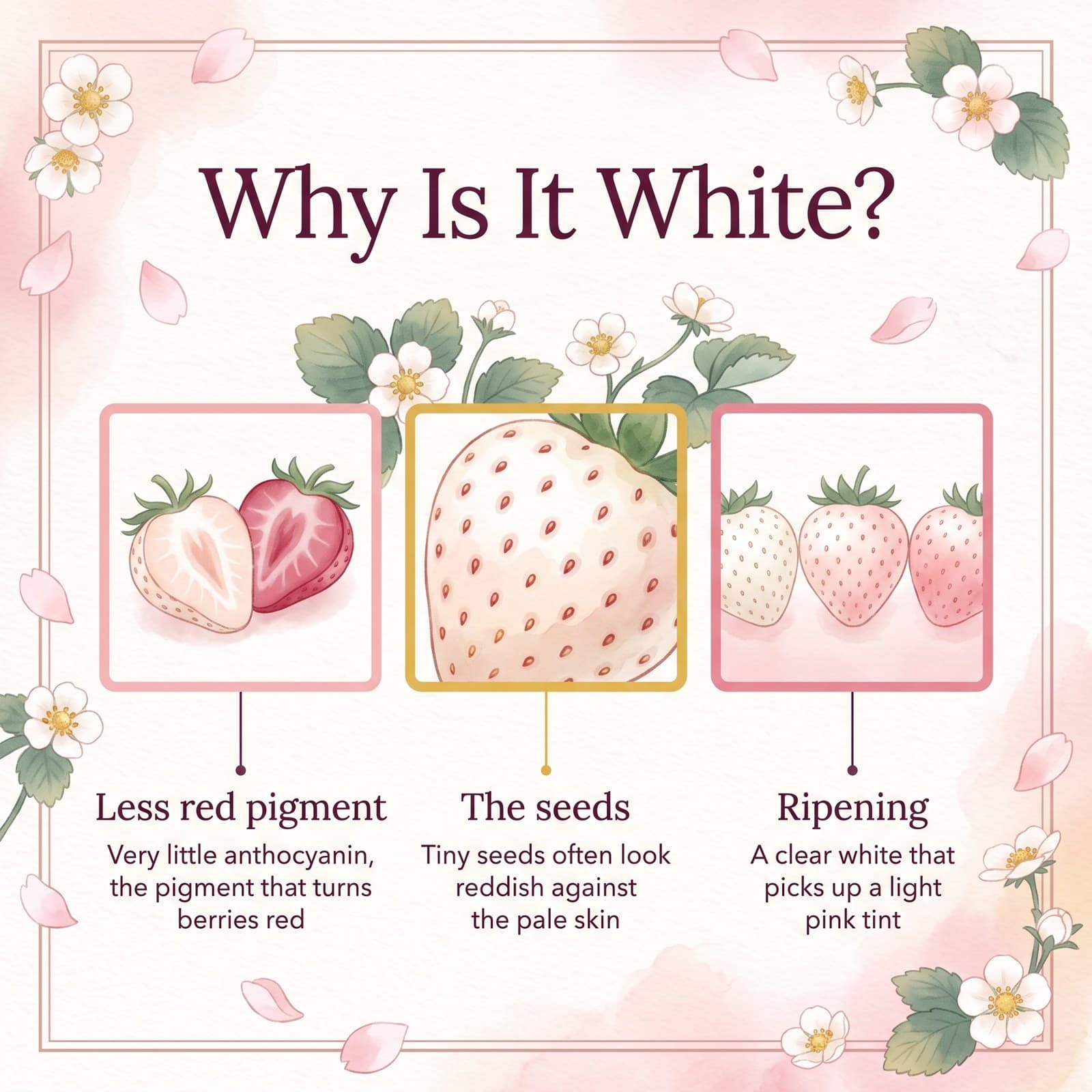 Illustration expliquant pourquoi Hatsukoi no Kaori est blanche : moins de pigment rouge, ses graines et la couleur à maturité