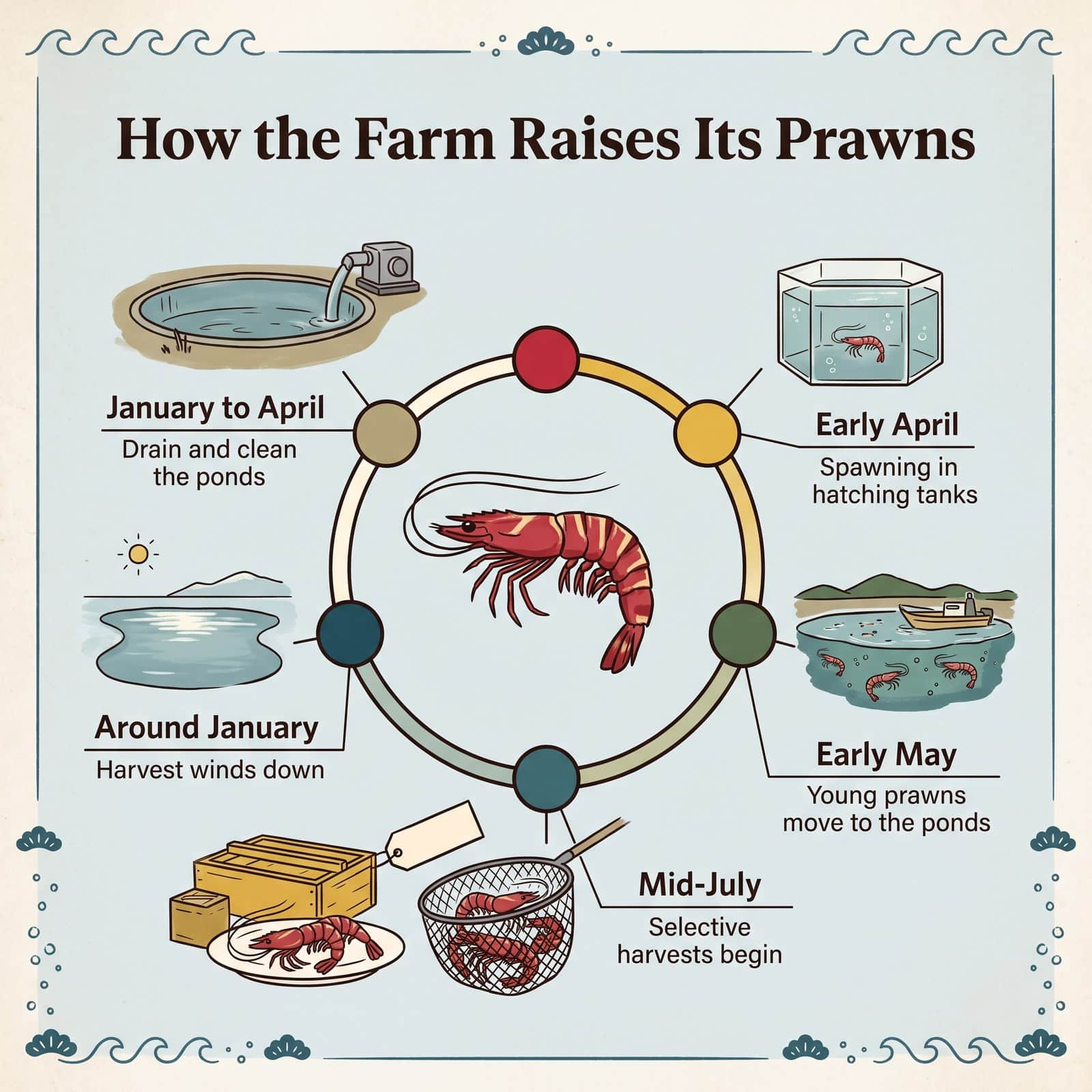 Illustration of how the farm raises its prawns through the year, from pond cleaning to harvest