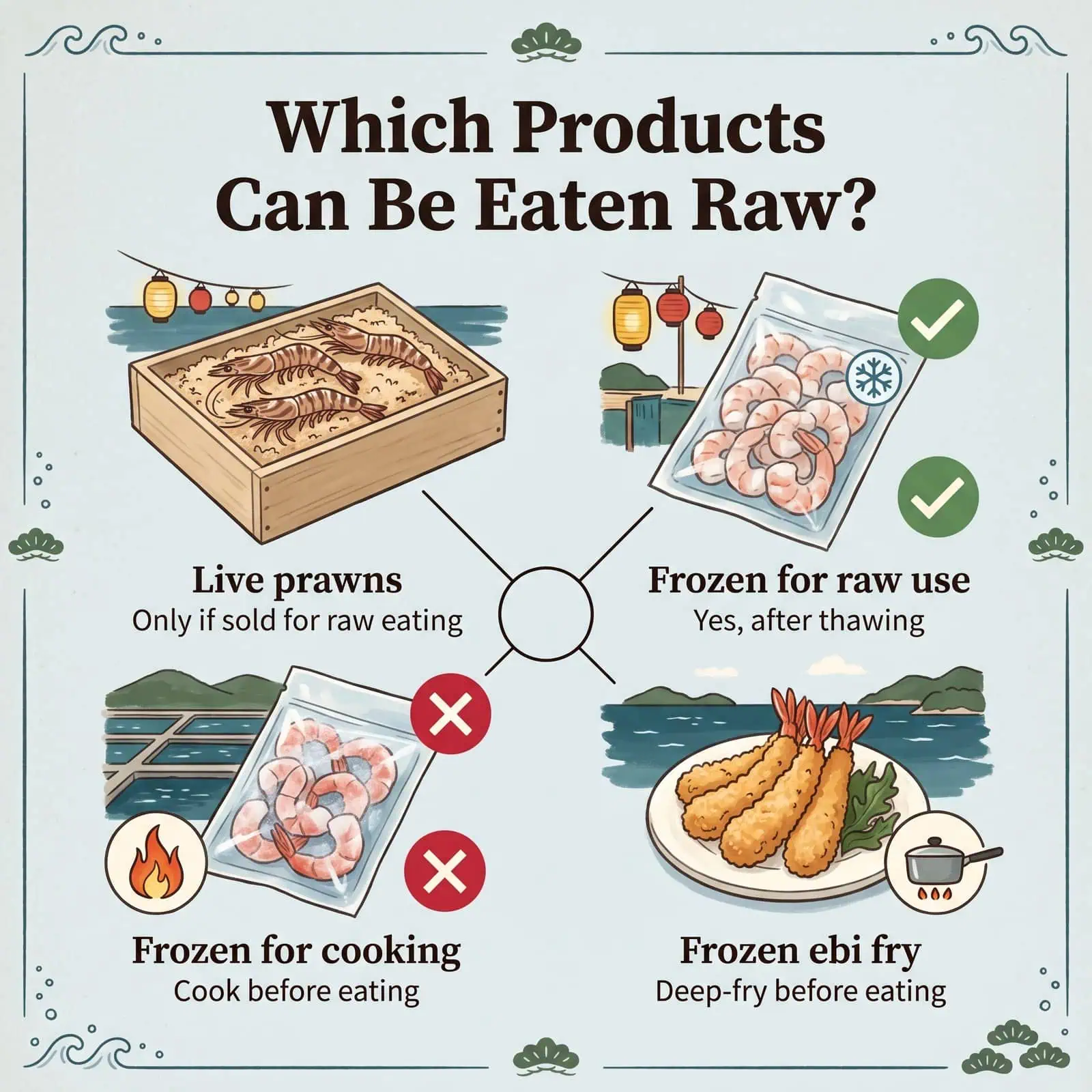 Illustration of which Himeshima kuruma prawn products can be eaten raw: live, frozen for raw use, frozen for cooking and frozen ebi fry