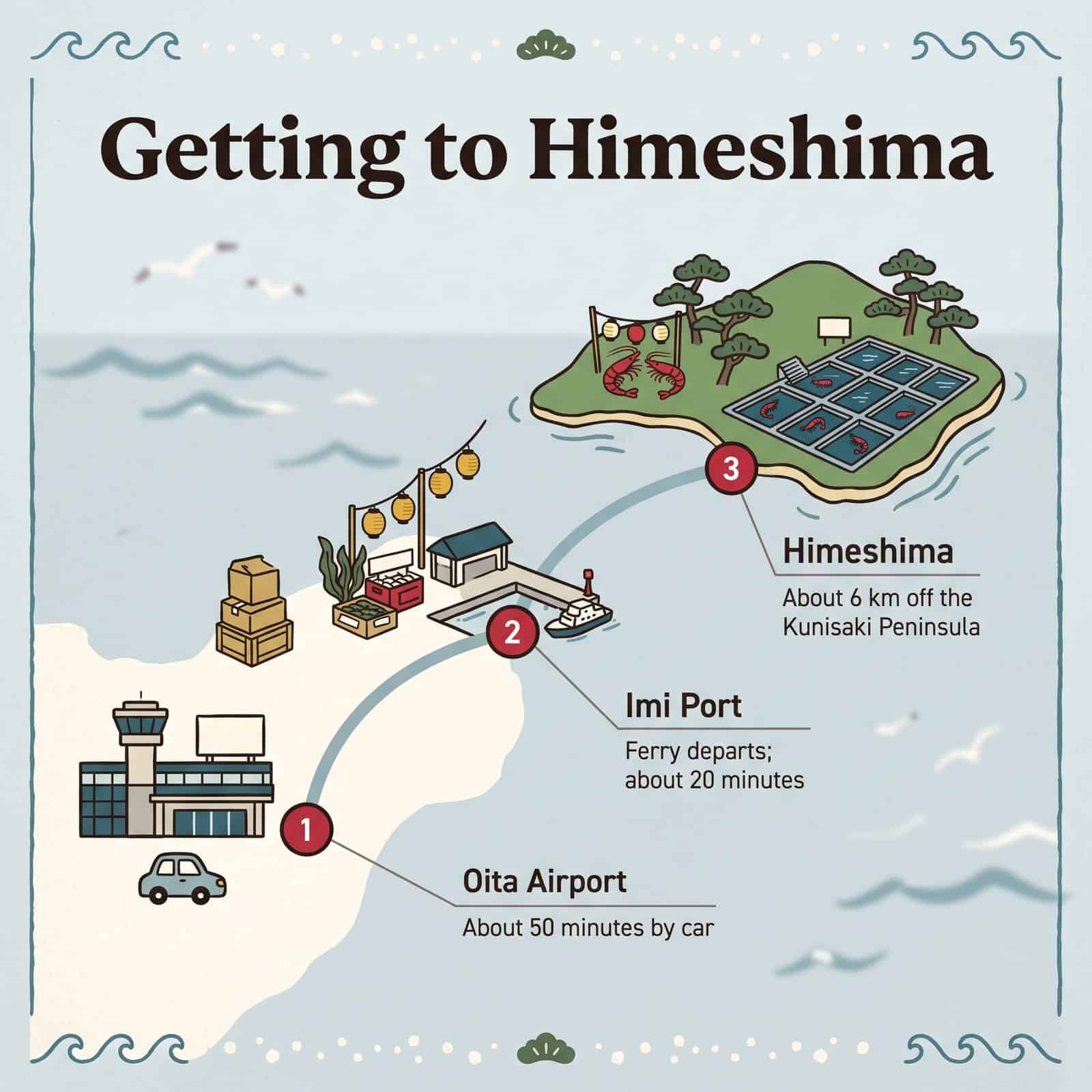 Illustration of the route to Himeshima: Oita Airport, Imi Port ferry and the island