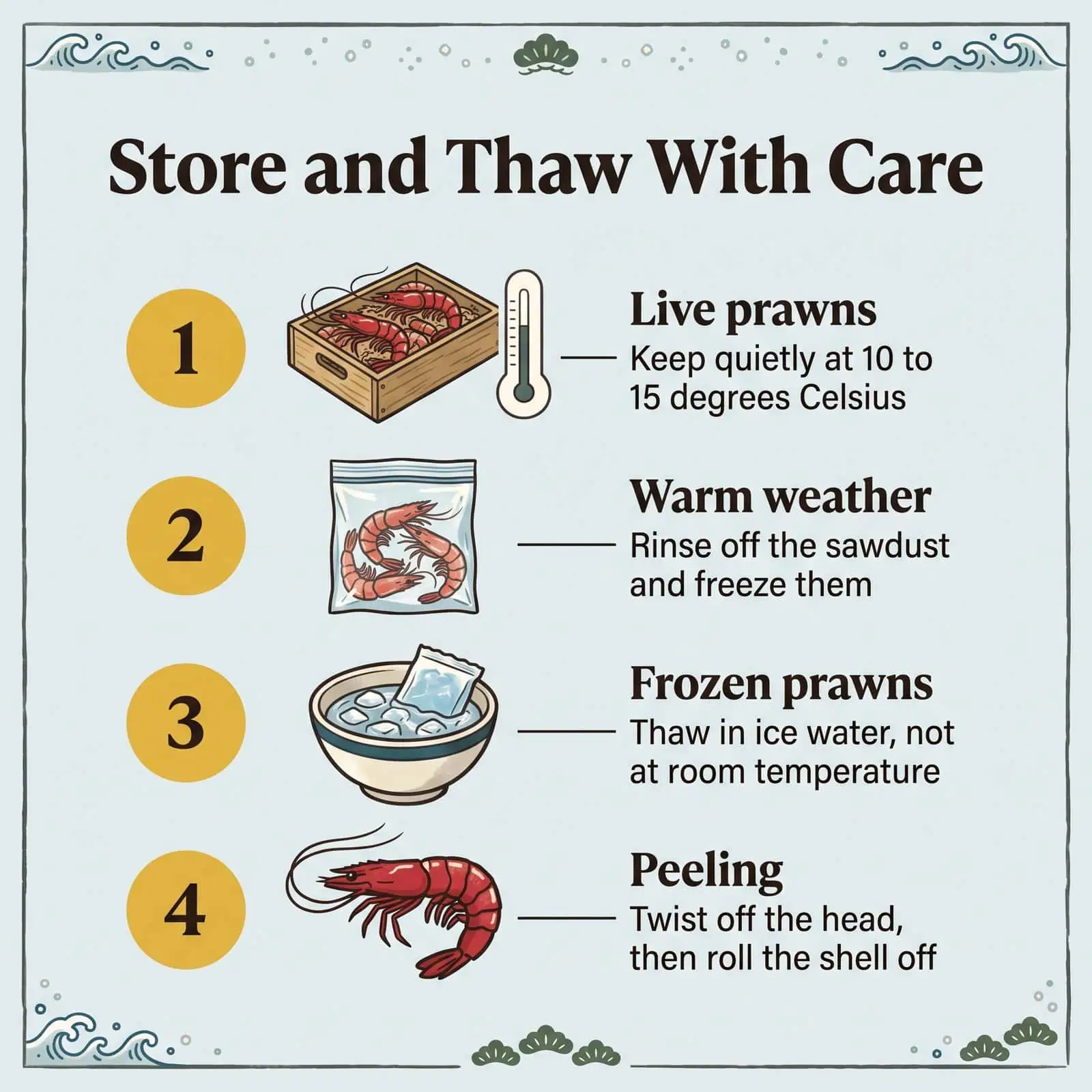Illustration of four steps for storing and thawing Himeshima kuruma prawns: live prawns, warm weather, frozen prawns and peeling